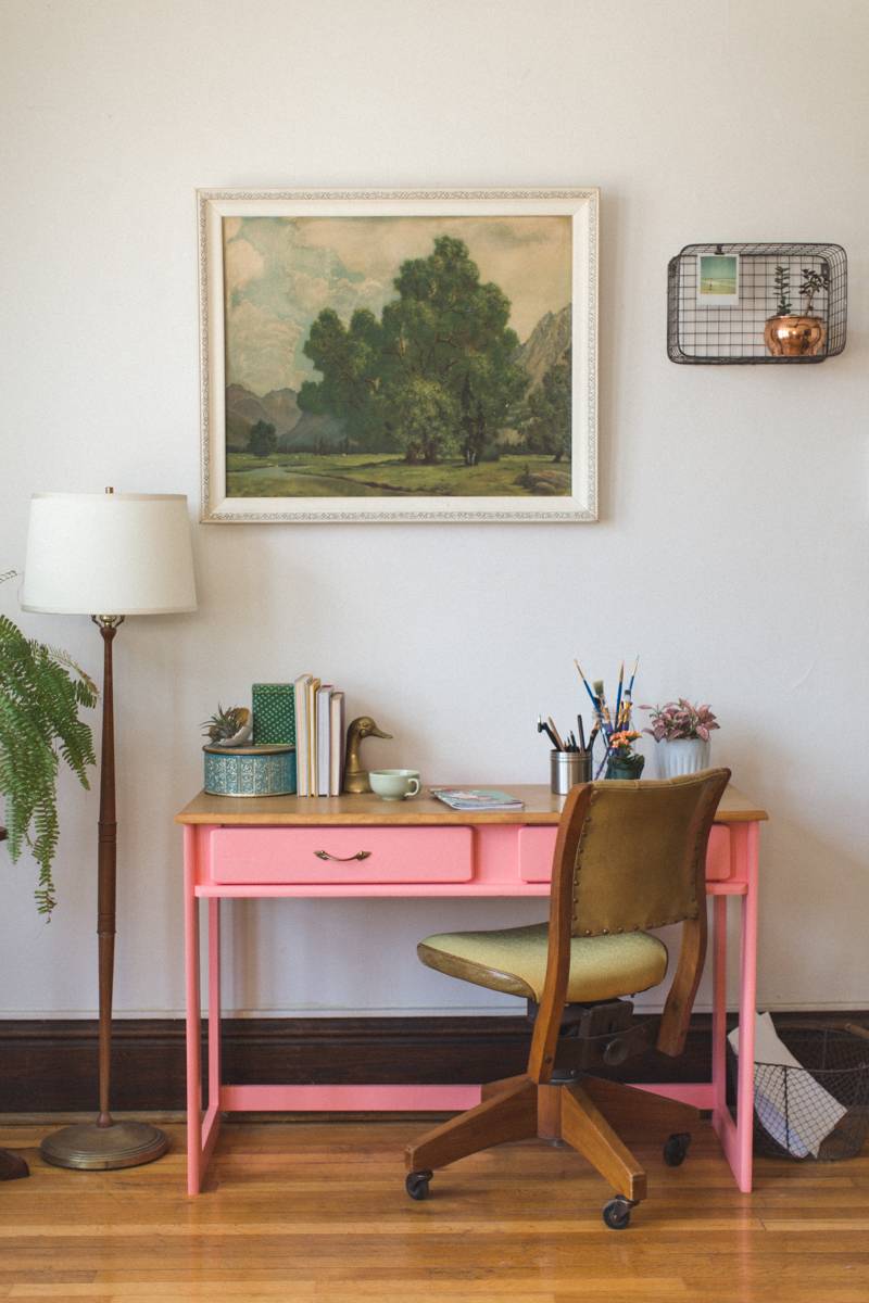 coral pink desk and vintage office space